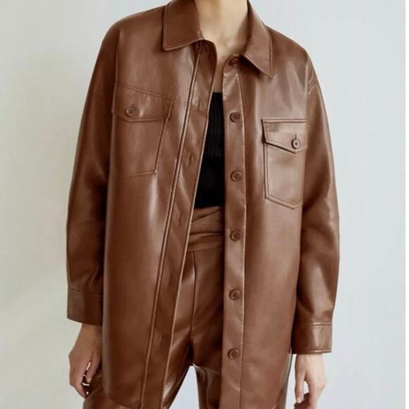 NWT Wilfred Aritzia Cognac The Ganna™ Shirt Jacket Vegan Leather Sz XS - Picture 1 of 9